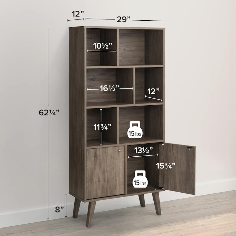 Prepac Milo Mid-Century Modern Bookcase with Six Shelves and Two Doors - 29 in. W x 62.25 in. H x 12 in. D