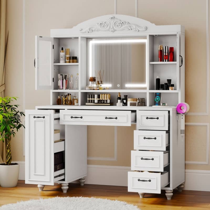 Moasis Modern 5-Drawer Makeup Vanity Table With Exquisite Carved and Built-in Charging Station