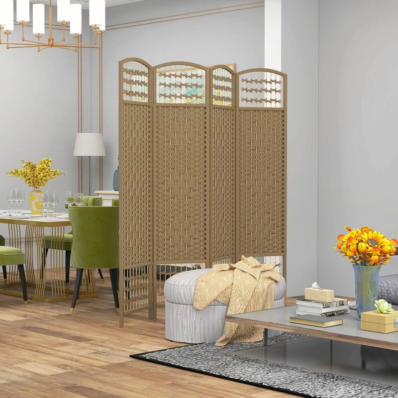 Freestanding Wave Fiber Partition Folding Privacy Screen for Home and Office - Natural Wood - 4 Panel