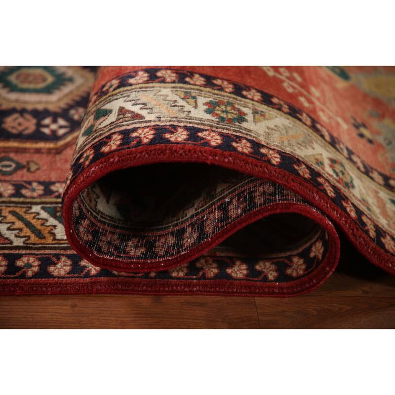 Geometric Red Heriz Persian Vintage Runner Rug Handmade Wool Carpet - 3'9"x 11'1"
