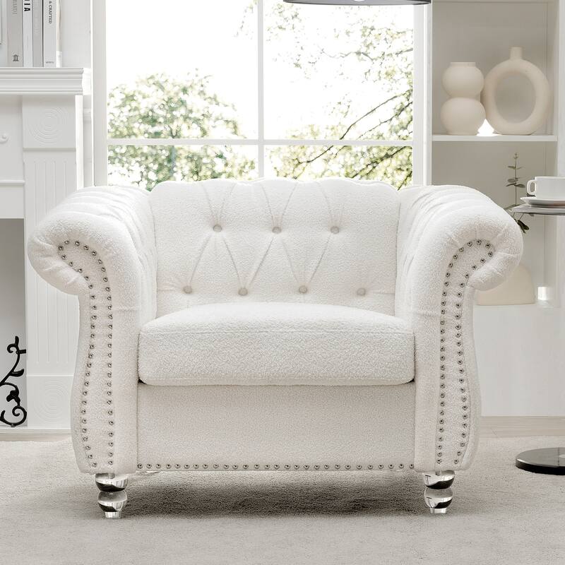 Classically Elegant 84.65" Three-Seater Rolled Arm Chesterfield Sofa in PU Leather - Sturdy Birch Legs, Soft Upholstery - 1Set Beige +Polyester