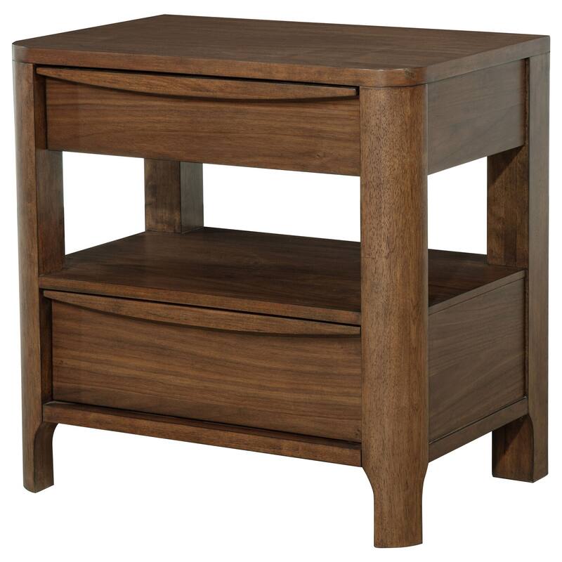 Walnut 2-Drawer Nightstand with Open Shelf, Cedar Drawer, Felt Lining and Curved Fronts for Transitional Style