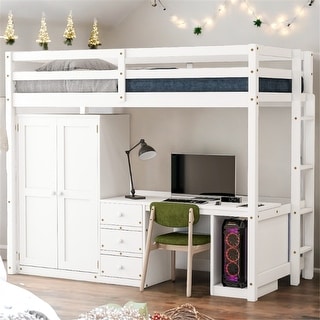 Twin Size Loft Bed with Integrated Wardrobe, Desk, and Storage Drawers, Space-Saving White Design