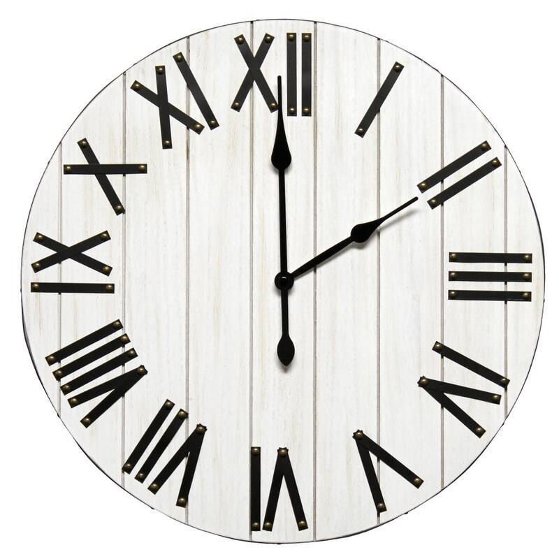 HomeRoots 21" White And Black Rustic Wood Silent Analog Round Wall Clock - 21.01 in. x 21.01 in. x 1.13 in.