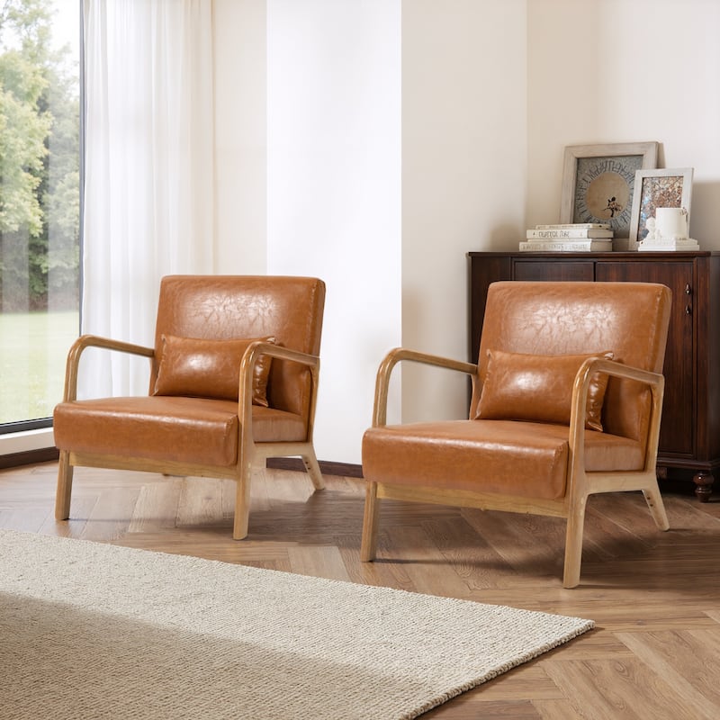 2 Set Mid-Century Modern Faux Leather Accent Chairs with Cushion