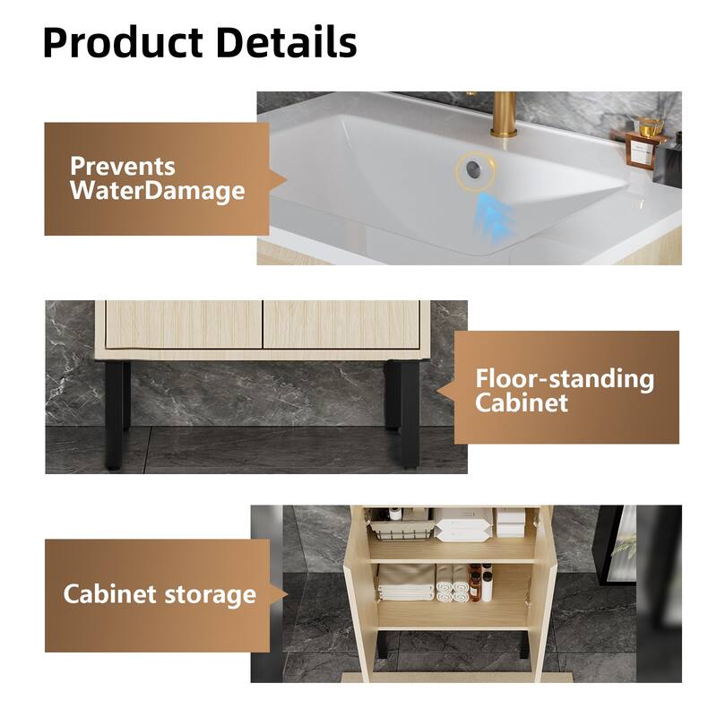 GDFStudio - Ari Modern Aesthetic Freestanding Bathroom Vanity with Ceramic Sink, Soft Close Drawers & Large Storage Spaces