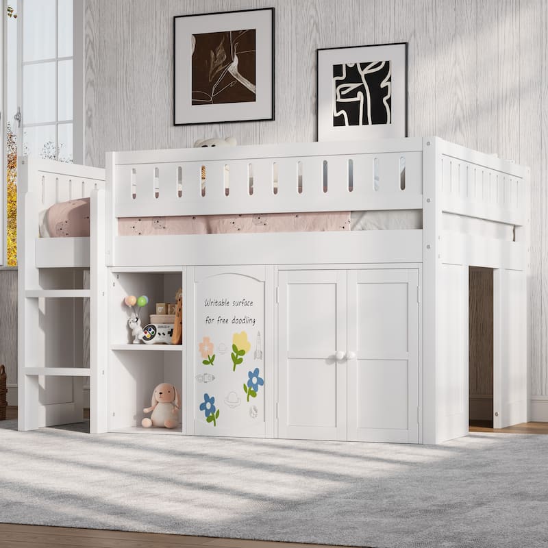 GDFStudio - Solid Wood Full Size Loft Bed with Storage & Chalkboard Panel