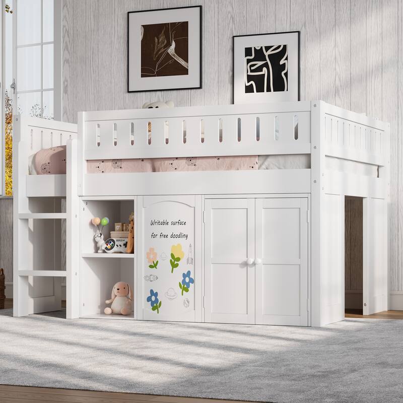 Roomfitters Full Size Loft Bed with Storage Cabinet, Open Shelves and Chalkboard Panel - White - Full