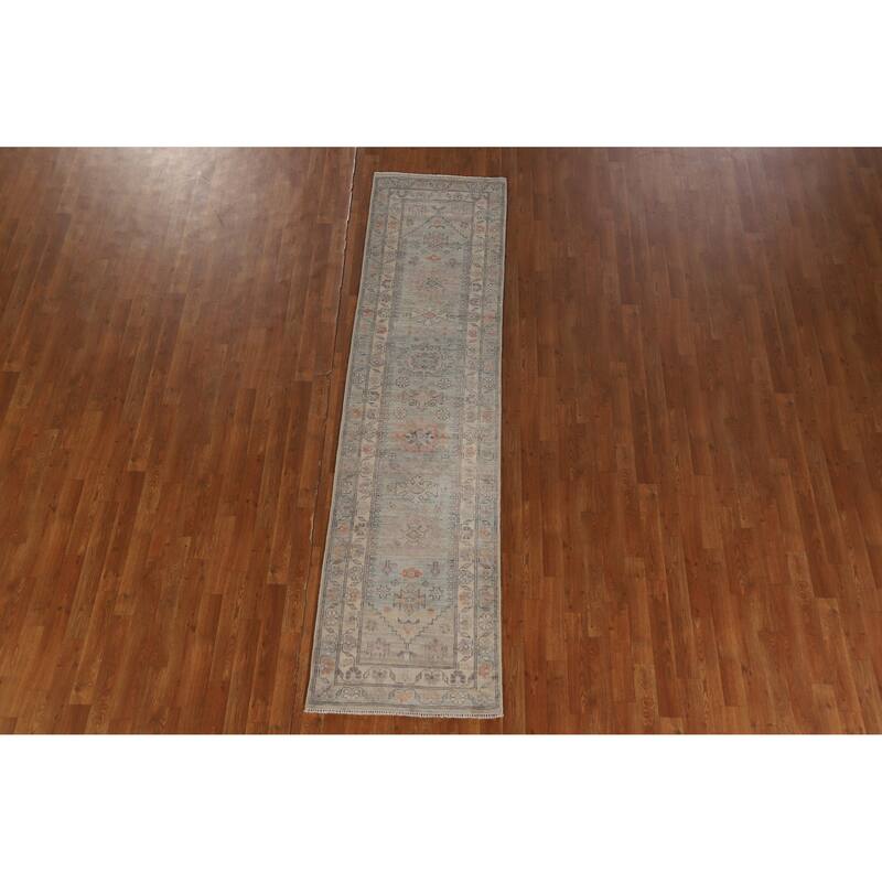 Hand Knotted Oriental 100% Wool Carpet Transitional Geometric Navy Blue & Blues Oushak Runner Rug - 9' 4'' X 2' 4''