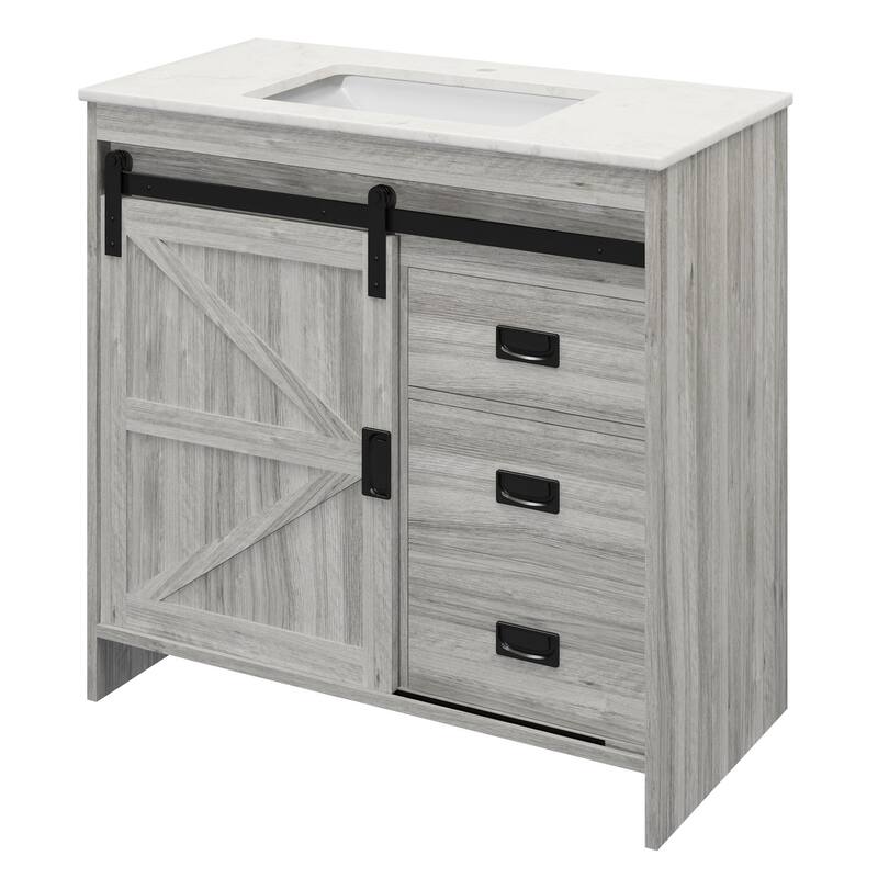 EROMMY Farmhouse Bathroom Vanity with Ceramic Top and Sliding Barn Door Sink Cabinet, Rustic Single Sink Vanity