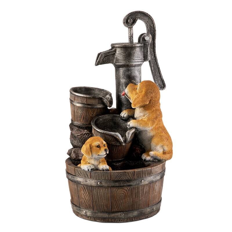 Glitzhome 23.75"H Cute Dog Playing Around the Water Pump Polyresin Outdoor Fountain with Pump and LED Light