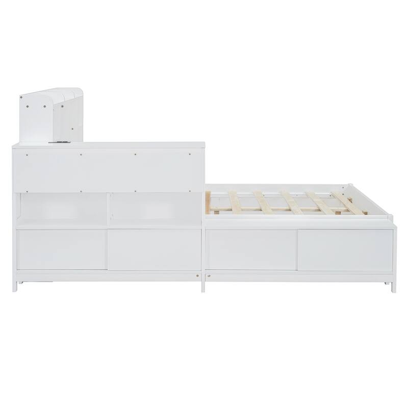 Full Size Wooden Platform Bed with Storage Headboard, Integrated Desk, Nightstand, and USB Ports for Modern Living