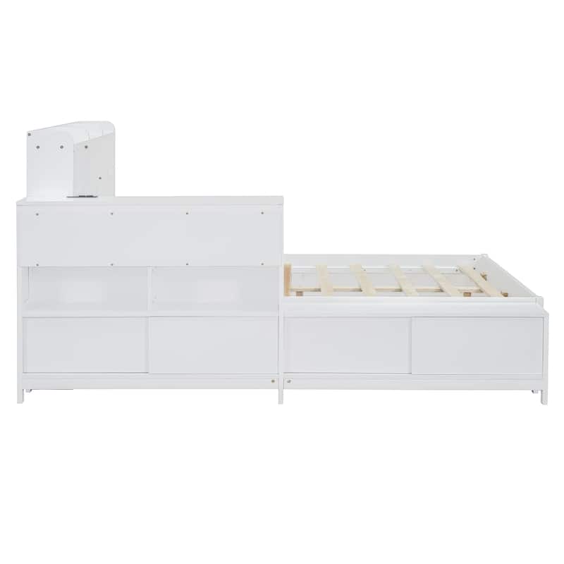 Solid Pine Full Bed Frame, Full Size Wooden Platform Bed with Storage Headboard, 2 Drawers, Nightstand, Desk and USB Ports