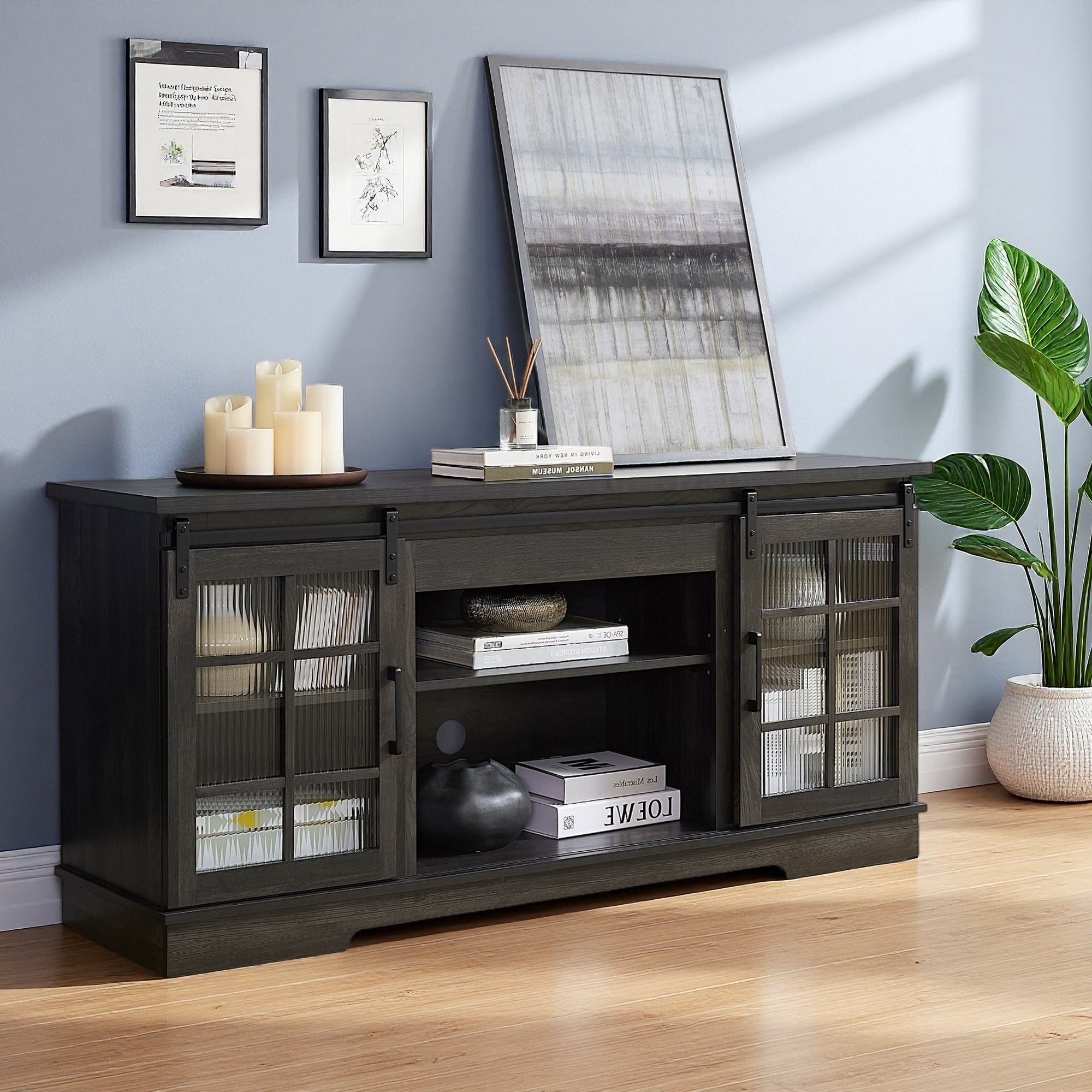 59" TV Stand for TVs up to 65", Sliding Glass Door Media Console with Adjustable Shelves, Large Storage Cabinet and TV Desk Rack