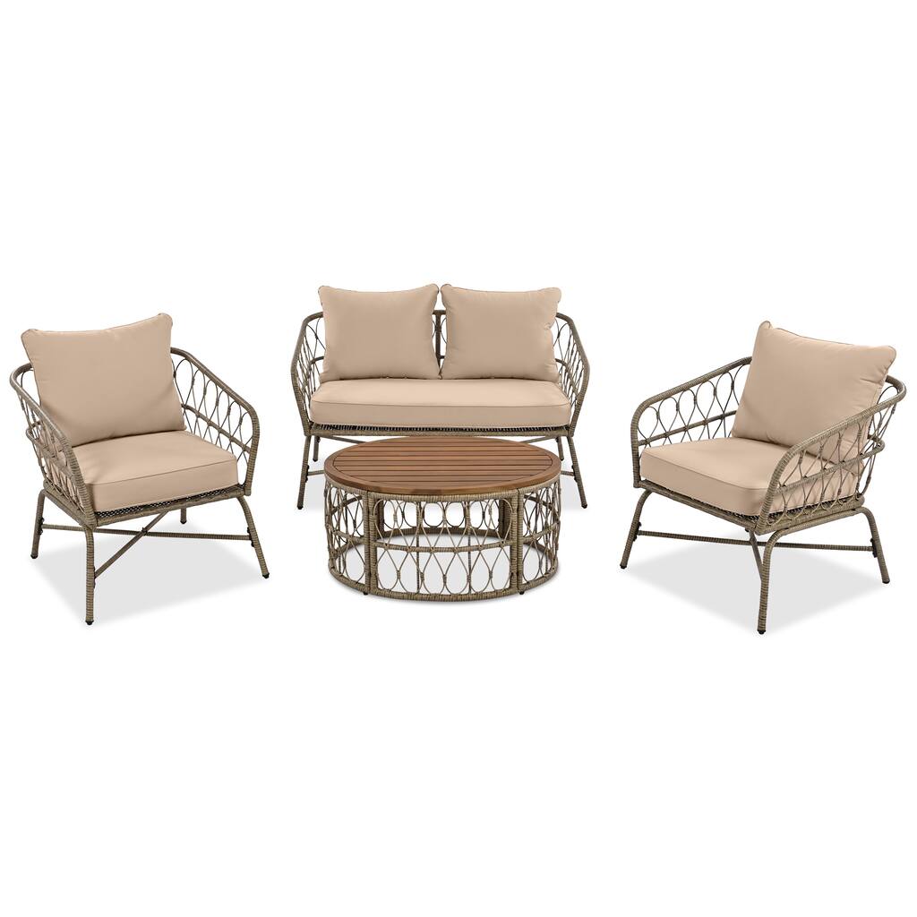 4-Person Outdoor Seating Group With Removable Cushions, Conversation Patio Set With Wood Tabletop, Beige