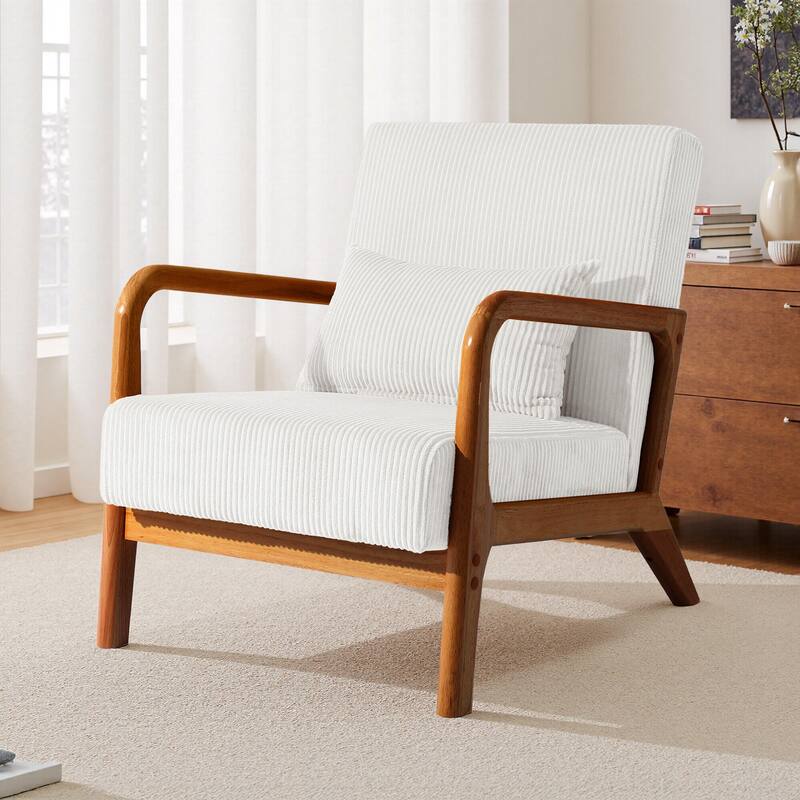 25" W Mid Century Upholstered Wood Accent Chair with Pillow - Dark Wood - Beige