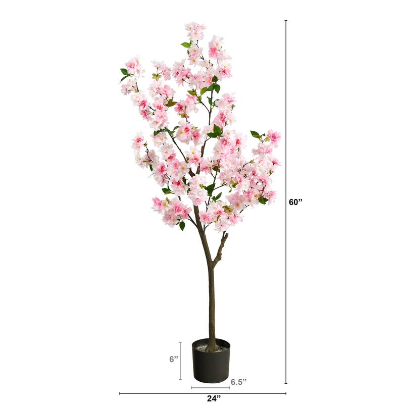Artificial Cherry Blossom Tree 5ft - Pink Flowers Home Decor Indoor Plant - Green - 41-50 Inches