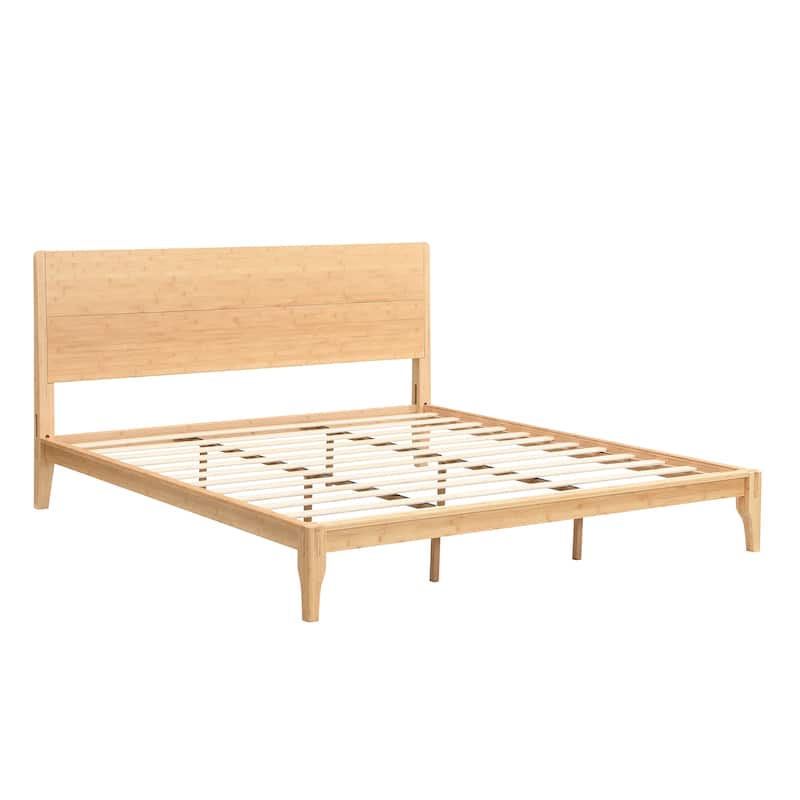 Bamboo Wood Platform Bed/Mid-Century Modern Bed Frame with Tall Headboard/Wood Slat Support/No Box Spring Needed/Easy Assembly