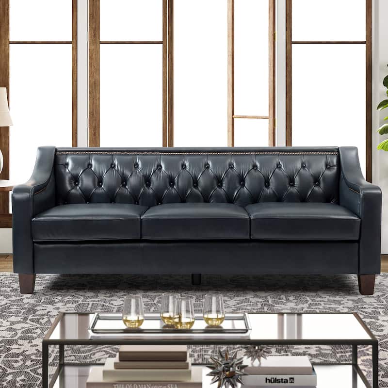 Mateo 82.28" Wide Transitional Genuine Leather Sofa with Nailhead Trim and Button-Tufted Back