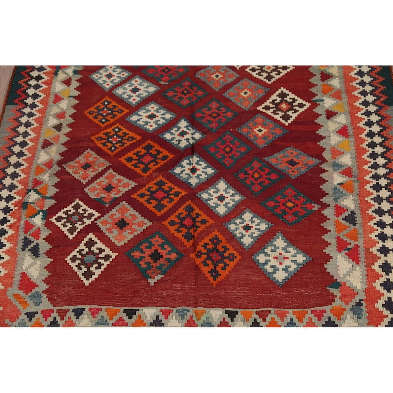 Tribal Kilim Qashqai Persian Vintage Rug Hand-Woven Red Wool Carpet - 5'0"x 6'8"