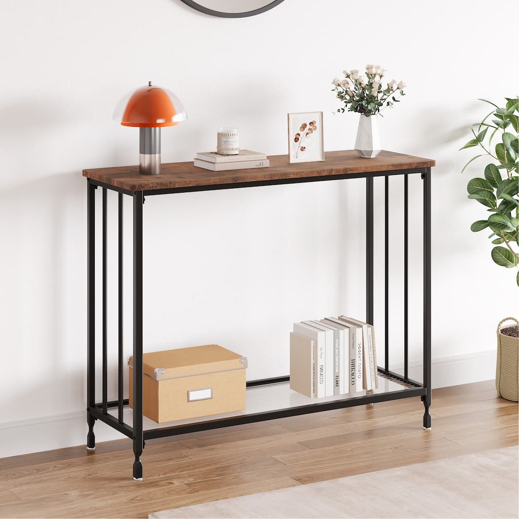 2 Tier Retro Console Table with Glass Shelf Storage