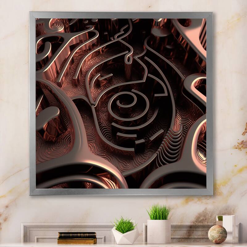 Designart "Futuristic Labyrinth Purple Maze Matrix" Modern Geometric Framed Wall Art Living Room - 24 in. wide x 24 in. high - Silver