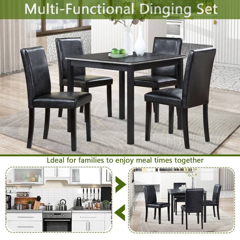 5 Piece Kitchen Dining Table Set with 4 Leather Upholstered Dining Chairs Square Dining Table with Crystal Accent Table Edge