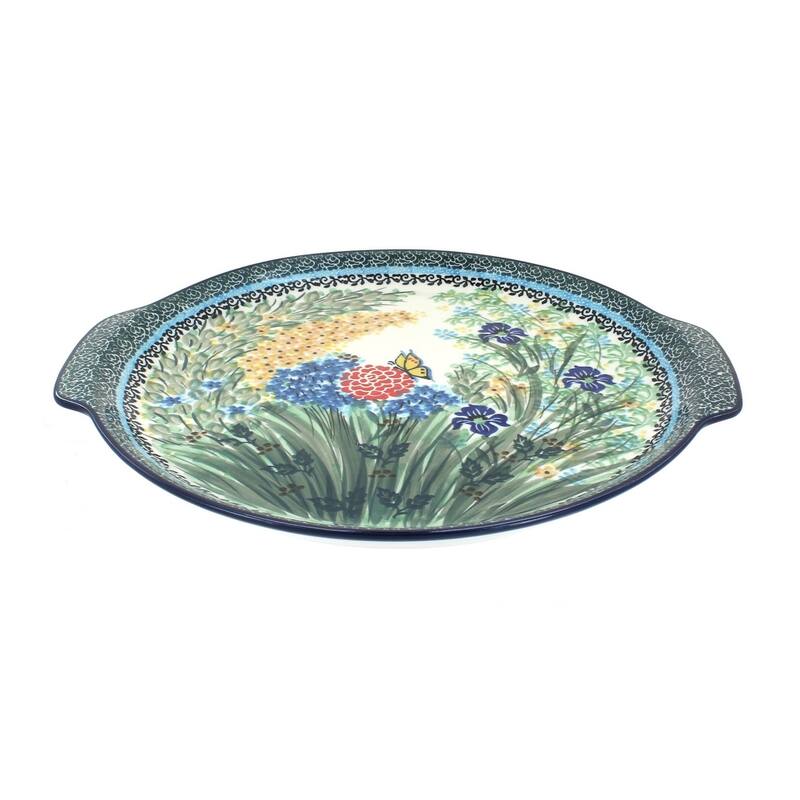 Blue Rose Polish Pottery 151 Ceramika Artystyczna Round Serving Tray with Handles - Teresa