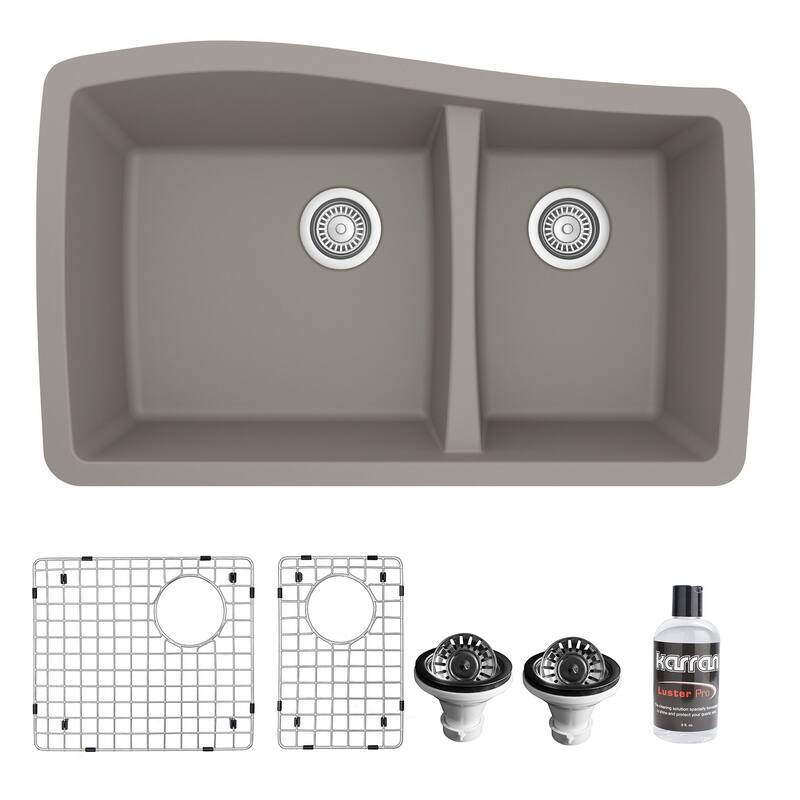 Karran Undermount Quartz 33 in. Double Bowl 60/40 Kitchen Sink with Bottom Grids and Strainers