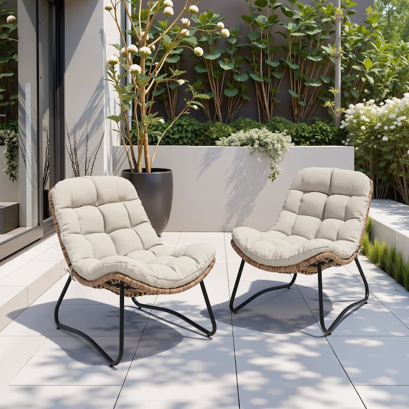 2-Piece Outdoor Papasan Chairs with Thick Padded Cushion PE Rattan Patio Cozy Chairs