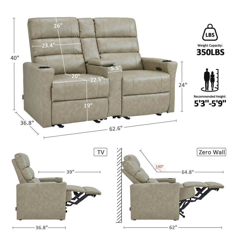 MCombo 62.6'' RV Recliner Loveseat Sofa with Console, Zero Wall Hugger Power Loveseat Recliner with USB Charge Ports, Outlet