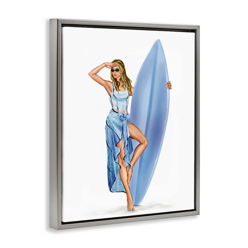 Stupell Trendy Surfer Girl in Blue Framed Floater Canvas Wall Art Design By Ziwei Li