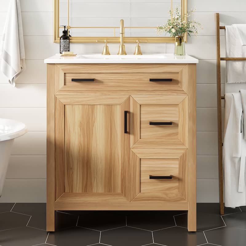 30" Wood Bathroom Vanity with Solid Wood Frame - 1 Soft-Close Door, 2 Soft-Close Drawers, Adjustable Shelf(Sink Not Included)