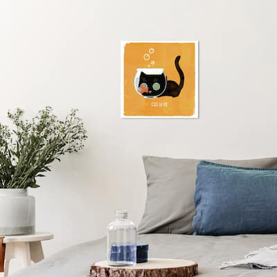 Wynwood Studio Prints Typography and Quotes Ces't La Vie Cat Yellow and Dark Yellow Modern & Contemporary Wall Art Canvas Print