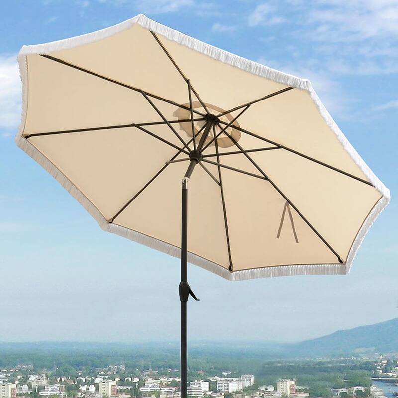 PURPLE LEAF 9 ft Patio Umbrella Outdoor Table Fringe Tassel Umbrellas with Tilt Button - Beige