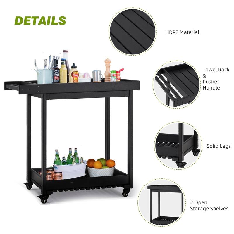 EROMMY Rolling Kitchen Island Cart with Storage, 2-Tier Mobile Outdoor Kitchen Cart on Wheels, Black HDPE Utility Serving Table