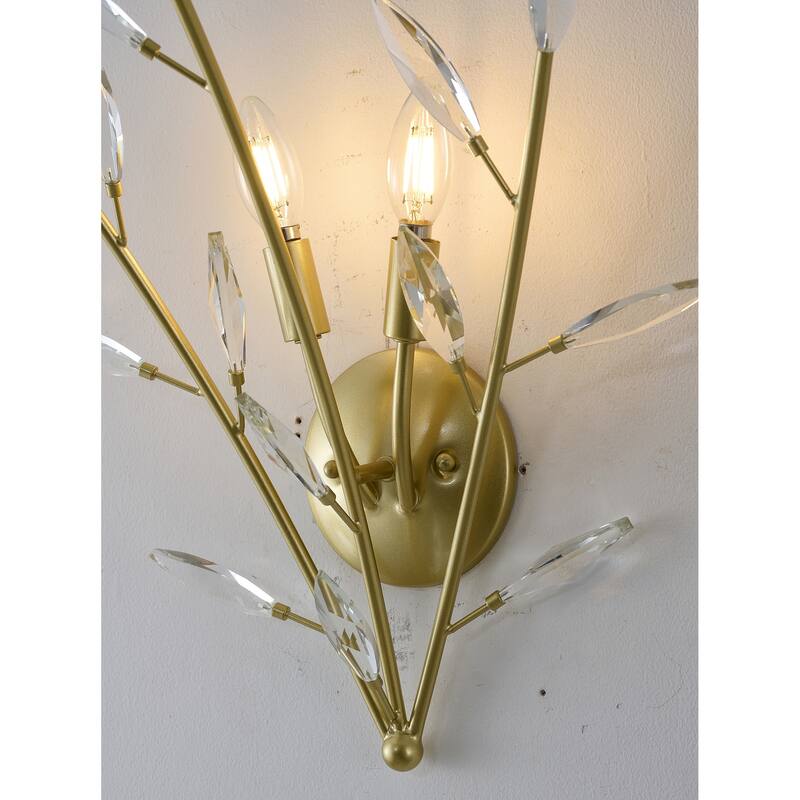 2-Light Gold Branch Wall Sconce With Clear Crystal Accents