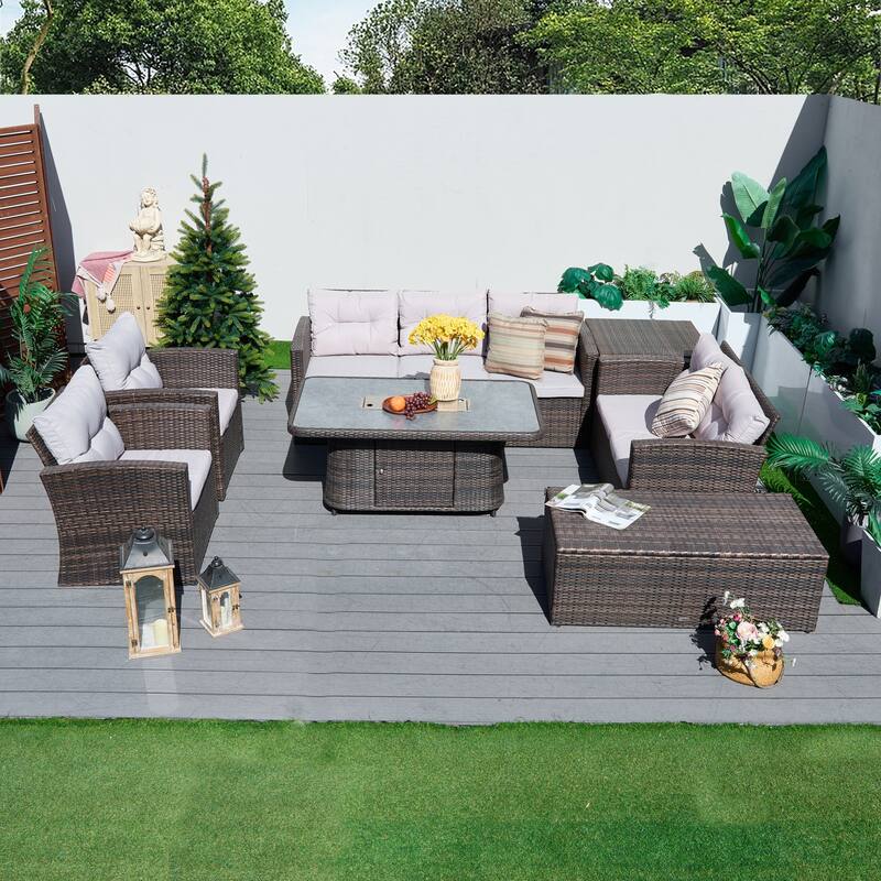 7-Piece PE Wicker Patio Fire Pit Sofa Set with Adjustable Propane Fire Table and Storage Side Tables - Brown