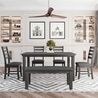 6 Piece Gray Rectangular Dining Table Set with Bench & 4 Dining Chairs ...