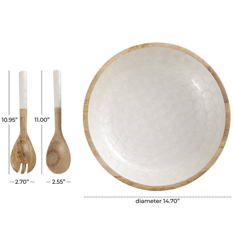 Mango Wood Handmade Decorative Bowl with Matching Salad Serving Utensils - Set of 3 Cream or Green - Roche River Decor