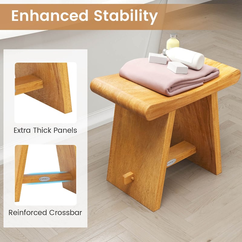 Costway 19.5" Teak Shower Bench Waterproof Spa Bath Stool with Curved - See Details