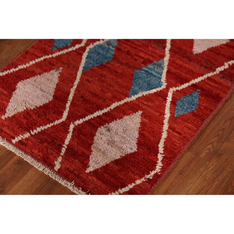 Geometric Moroccan Oriental Runner Rug Handmade Wool Carpet - 2'9" x 9'8"