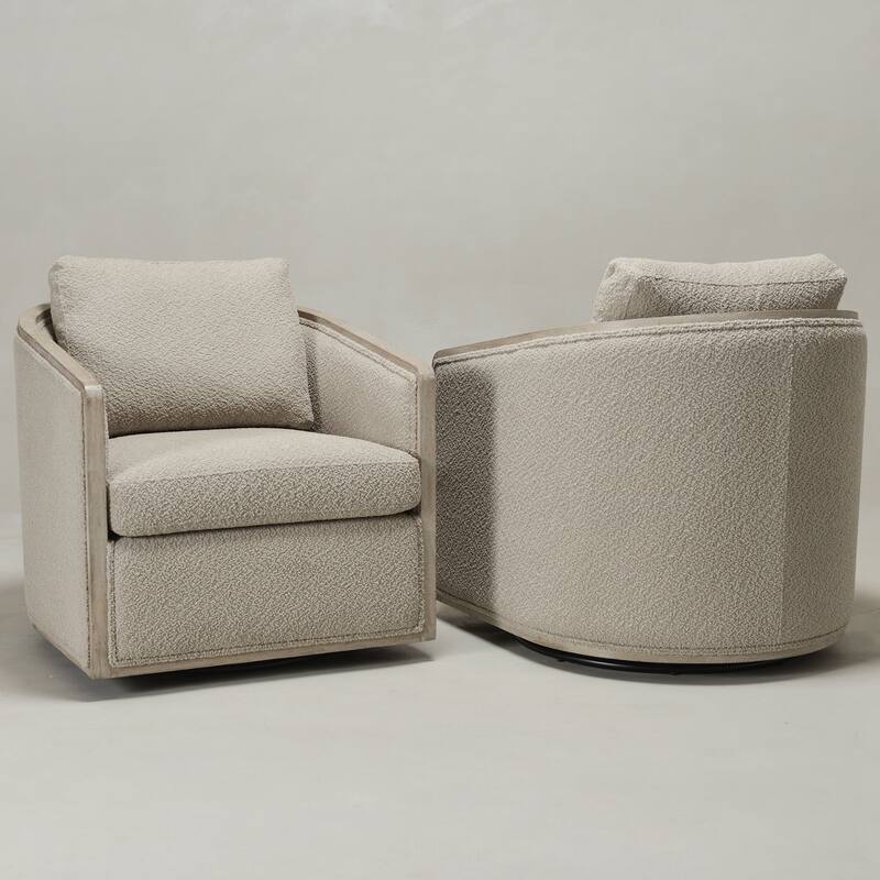 KINWELL 31"W Oak Frame Upholstered Swivel Barrel Armchair