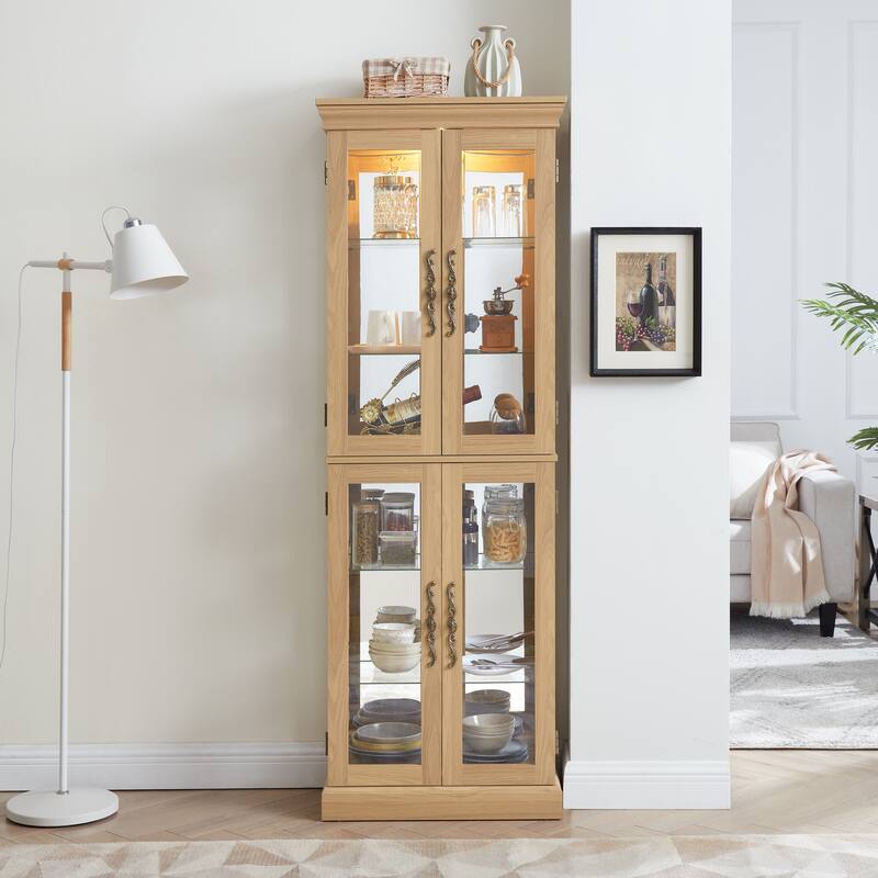 Lighted Glass Curio Display Cabinet: Wood Frame, Wine/Toy Storage - For Living Room/Kitchen, Bulb Included - Light oak