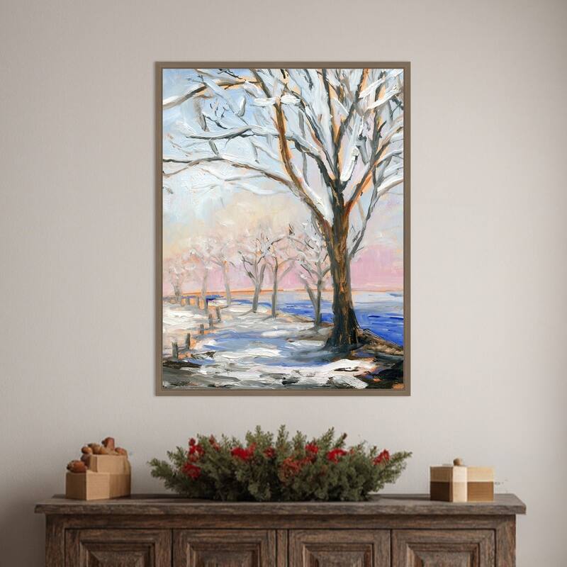 Lakeside in Winter by Sandra Iafrate Framed Canvas Wall Art Print - Sylvie Dark Gold