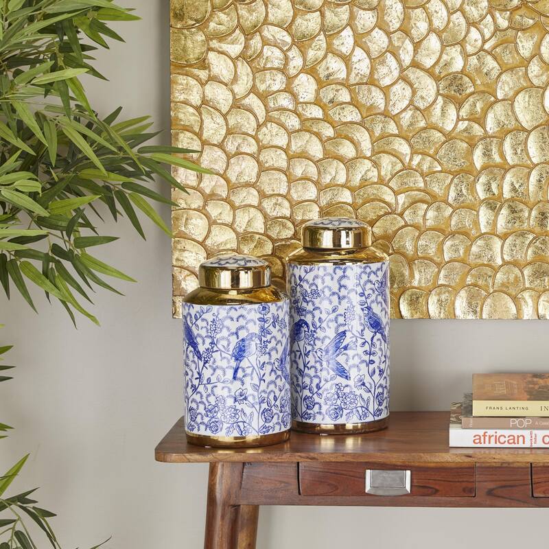 Ceramic Geometric or Floral Living Room Decorative Jars - Set of 2 White, Gold, Silver, Black, Blue - Roche River Decor