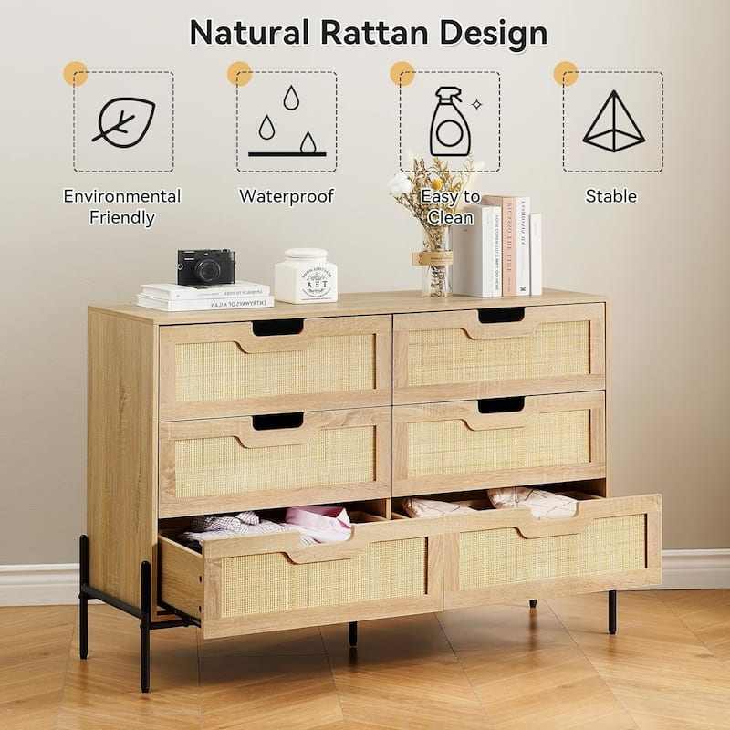 Rattan 6 Drawers Dresser, Double Dresser for Bedroom