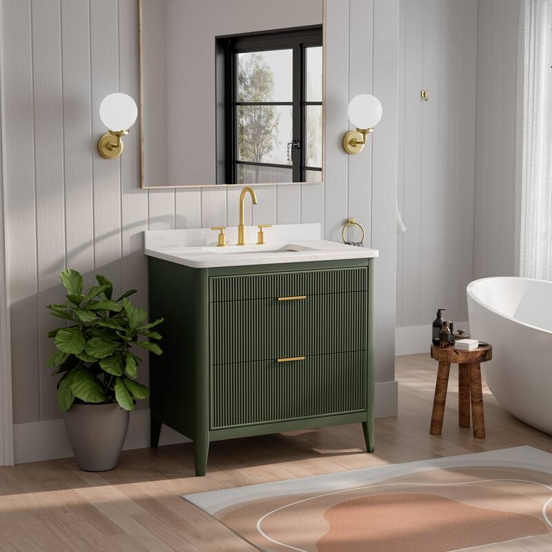 Modland 36" Freestanding Bathroom Vanity with Carrara Marble Top, Soft-Close Drawers, Fully Assembled, Green/Grey - 36 inch - Vintage Green