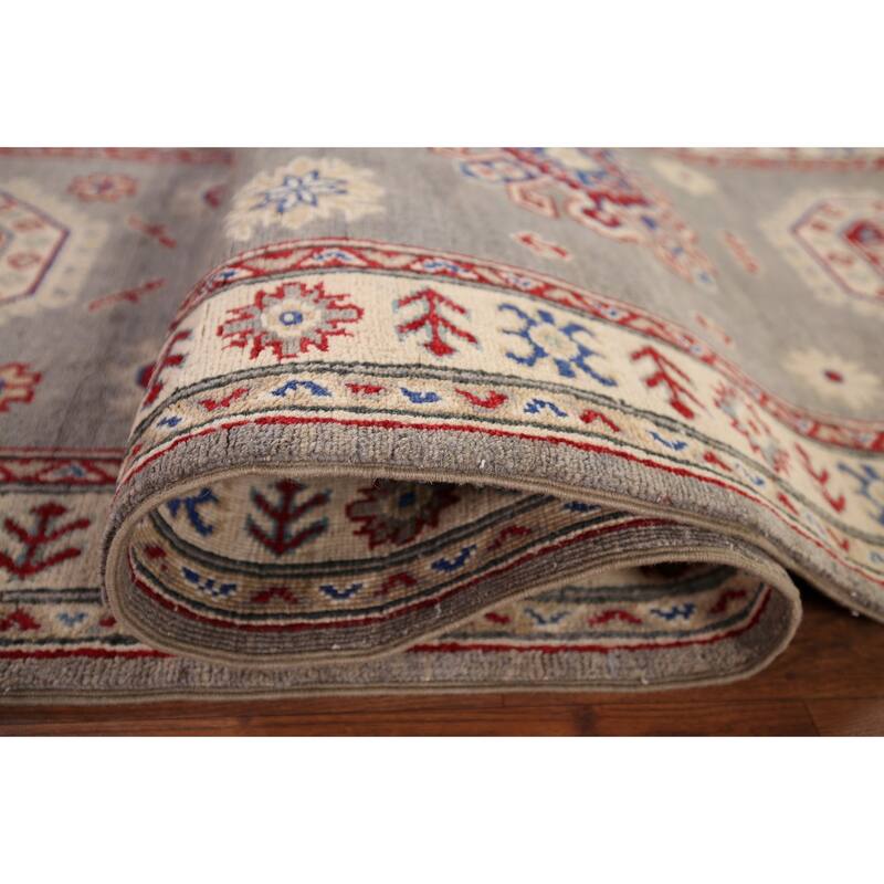 Gray Geometric Kazak Runner Rug Handmade Oriental Wool Carpet - 2'8" x 19'5"