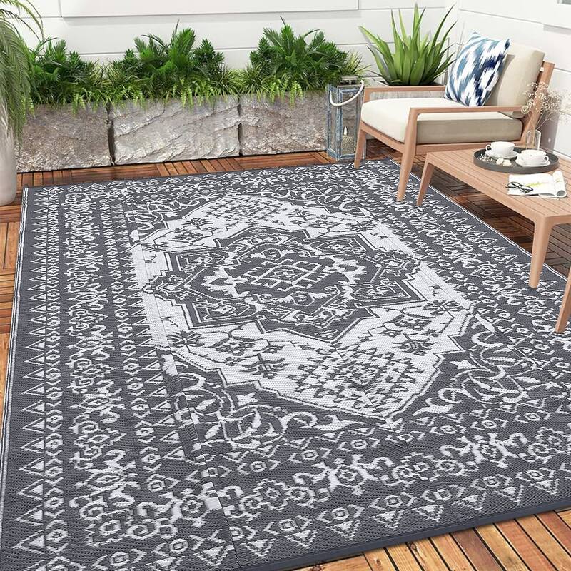 Outdoor Patio Rug Waterproof Reversible Carpet Vintage Boho Medallion Rug Plastic Straw Rug - 8'x10' - Gray White